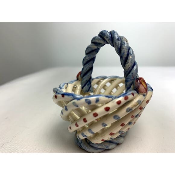 Mini Delicate Hand Painted Porcelain Pottery Rose Woven Basket from Spain - Picture 10 of 12